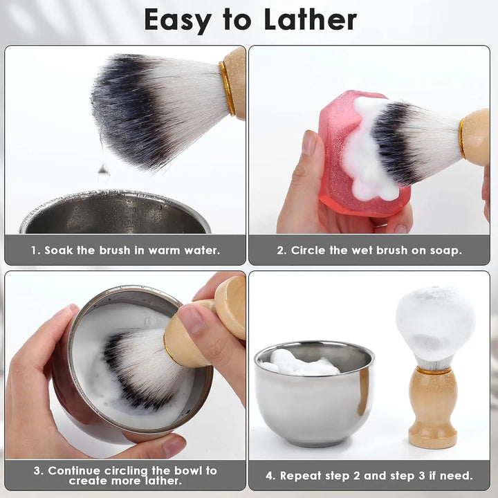 Mens blade + Brush + Bowl Set, 5-in-1 Shaving Brush Kit Wood Handle with Stainless Steel Shaving Bowl & Brush Stand, Perfect S