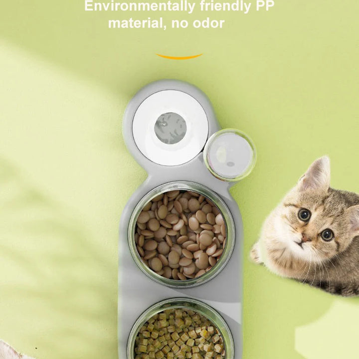 Cat Bowl Pet Feeder Anti-Tip Double Bowl Large Diameter Integrated Cat Bowl Made Of PP+PC Material with Drinking Fountain